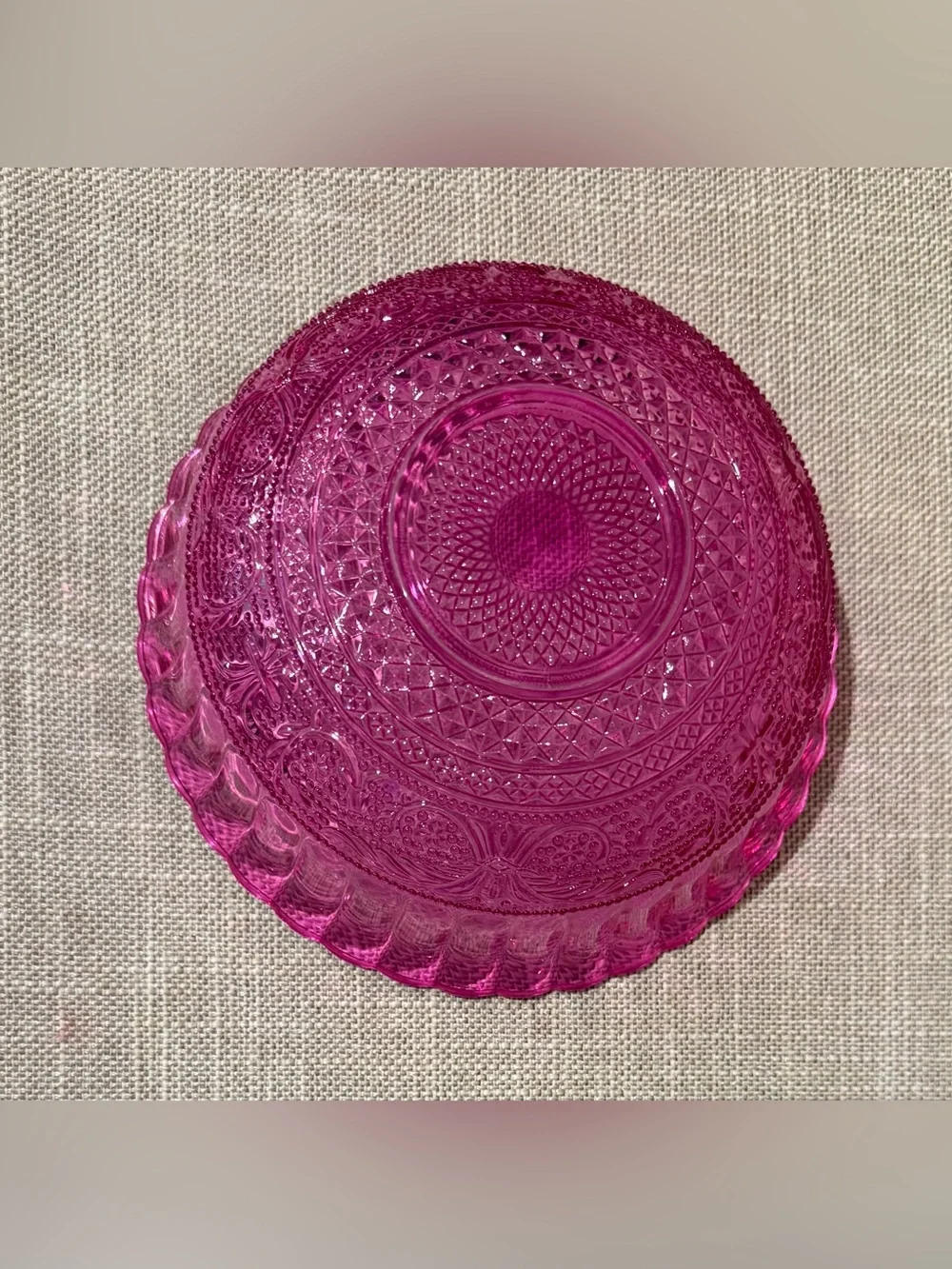 Vintage Pressed Glass Fruit Berry Bowl Cranberry Pink Scalloped Edge